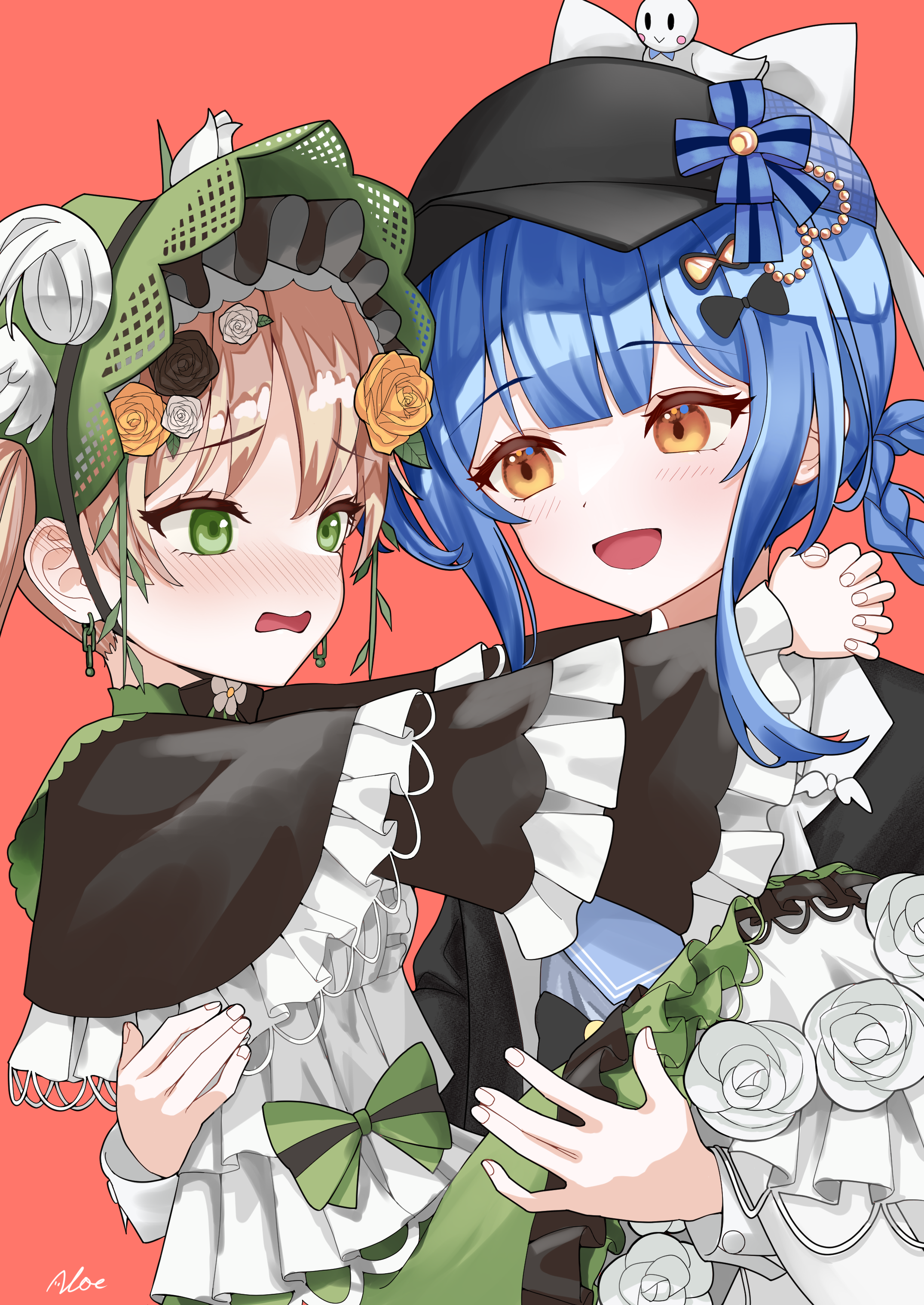 akane rouen aloe, tachibana sherry, toono hanna, mahou shoujo no majo saiban, absurdres, highres, 2girls, blonde hair, blue hair, blush, bonnet, bow, bowtie, braid, carrying, detective, dress, flower, flower ornament, frilled dress, frills, green eyes, hair flower, hair ornament, hat, hime cut, lolita fashion, long hair, magical girl, multiple girls, orange hair, princess carry, rose, short hair, smile, twintails, white flower, white rose, yuri