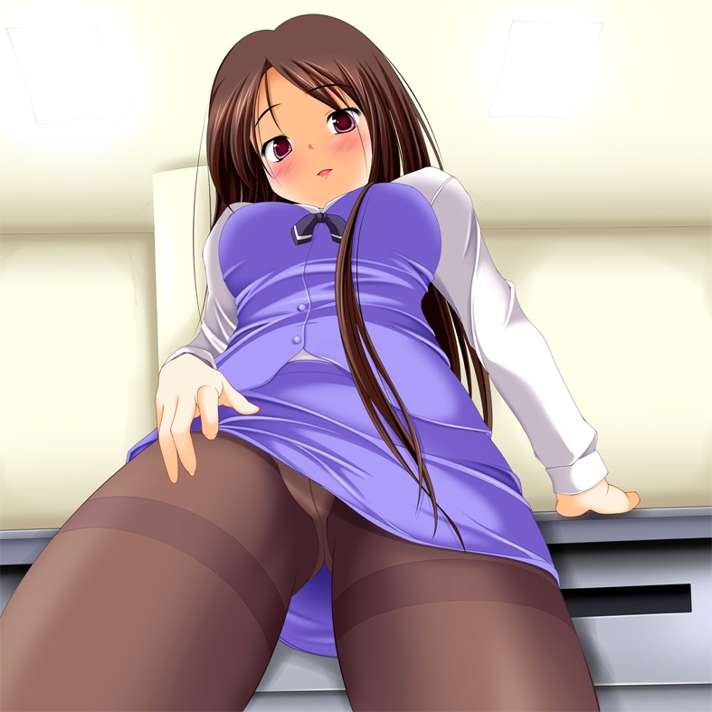 nishi (count2.4), kashiwagi reika, kyoudai dousei, md5 mismatch, 1girl, black pantyhose, blush, brown hair, clothes lift, crotch seam, female focus, from below, long hair, office lady, panties, panties under pantyhose, pantyhose, pencil skirt, skirt, skirt lift, solo, thighband pantyhose, underwear, upskirt