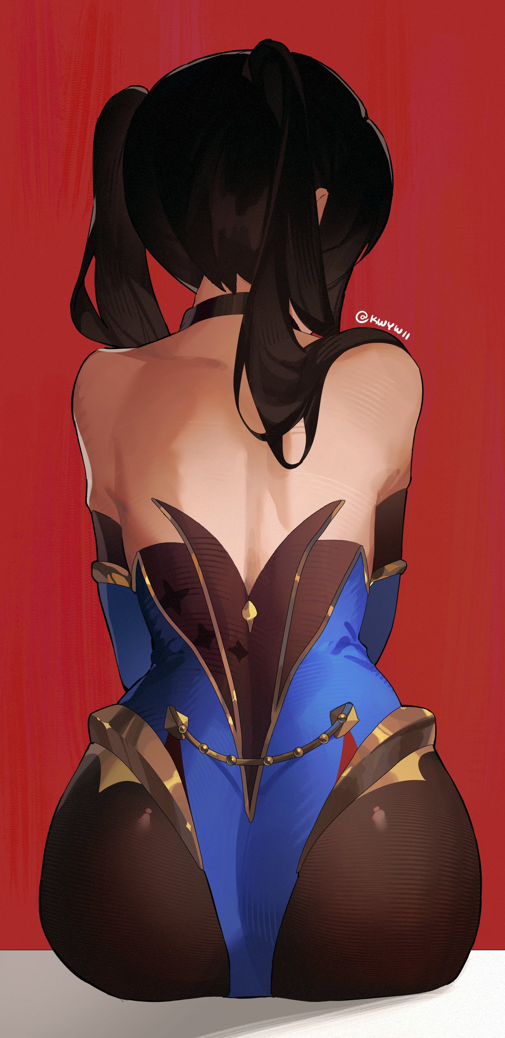 mona (genshin impact), genshin impact, absurdres, highres, 1girl, ass, backless leotard, bare back, bare shoulders, black choker, black hair, black pantyhose, blue leotard, choker, from behind, kwy (kwywii), leotard, long hair, no headwear, pantyhose, red background, sitting, solo, twintails
