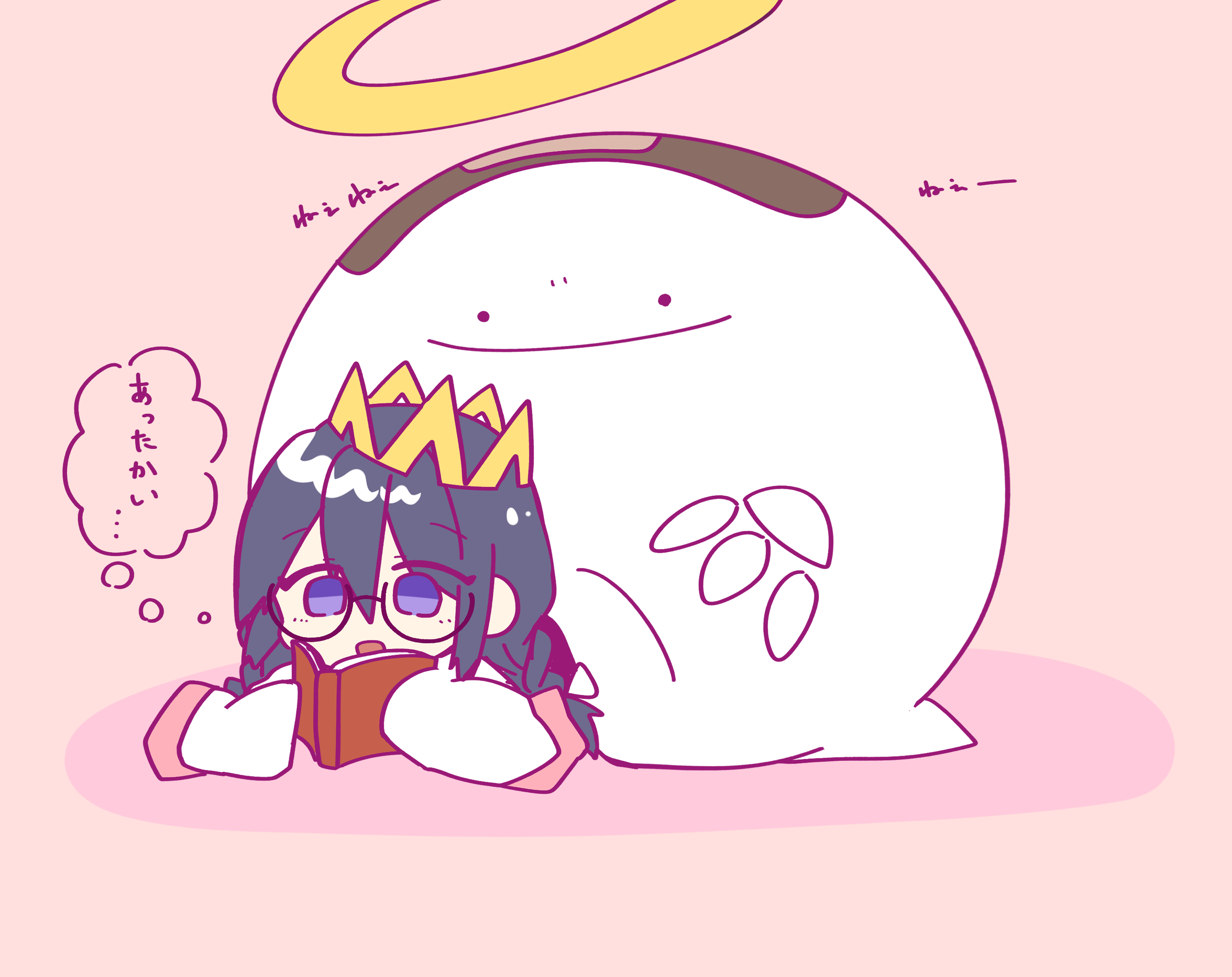 yoake (yoake 04), ripple star queen, zero two (kirby), kirby (series), kirby 64, nintendo, highres, 1girl, black hair, book, braid, crown, glasses, halo, long hair, low twin braids, pink background, purple eyes, reading, simple background, speech bubble, thought bubble, twin braids