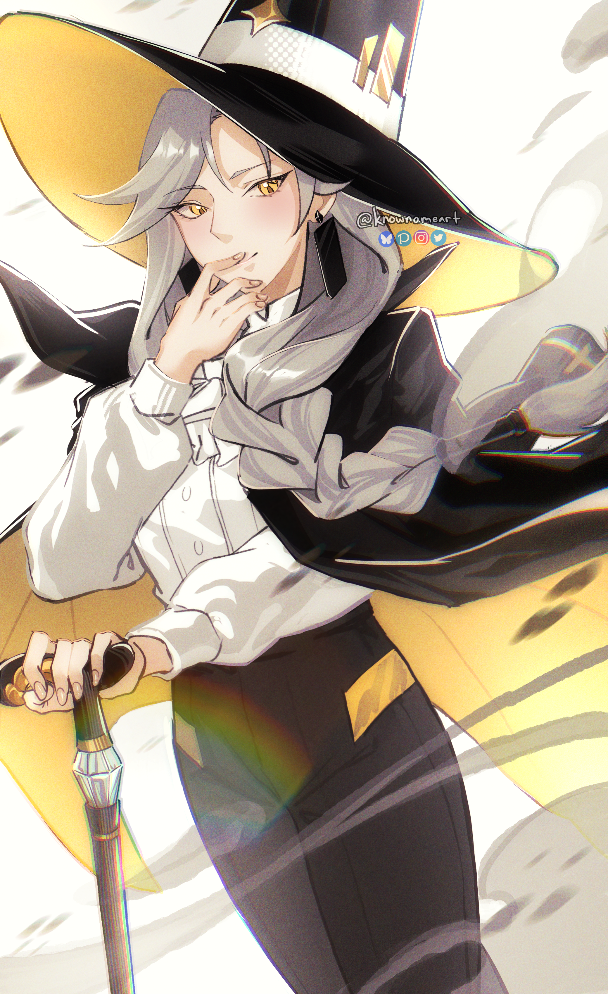 knowname, queen (to be hero x), to be hero, to be hero x, absurdres, commentary, highres, 1girl, black hat, black pants, bluesky logo, braid, braided ponytail, cane, closed mouth, coat, coat on shoulders, collared shirt, cowboy shot, dress shirt, dutch angle, earrings, grey hair, hair over shoulder, hand to own mouth, hat, high collar, holding, holding cane, instagram logo, jewelry, long hair, long sleeves, looking at viewer, pants, pixiv logo, ponytail, shirt, smile, solo, standing, twitter logo, twitter username, two-sided coat, two-sided fabric, two-sided headwear, very long hair, white shirt, wind, yellow coat, yellow eyes, yellow hat