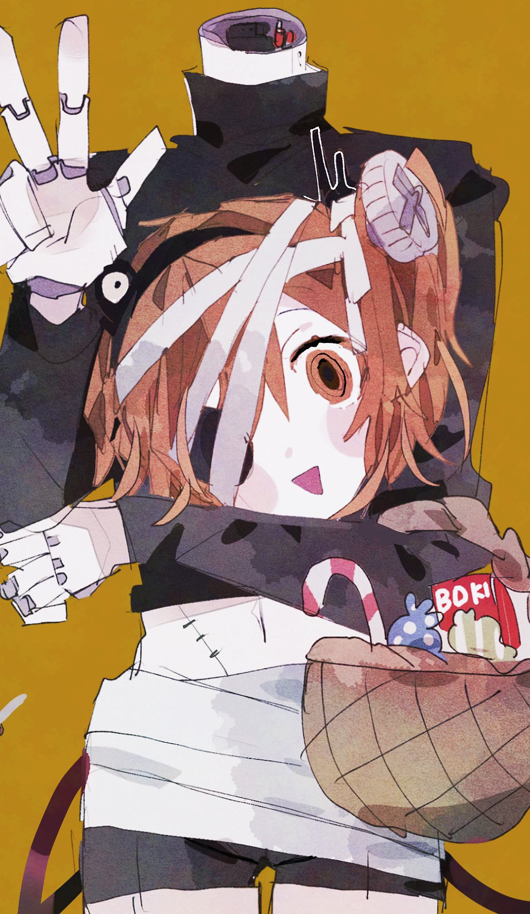 hinoki (yesfish1117), adachi rei, a.i. voice, utau, highres, 1girl, android, bandaged hand, bandages, basket, black shirt, black shorts, cable, candy, candy cane, disembodied head, food, hair ribbon, hairband, hand up, joints, long sleeves, missing eye, navel, object through head, one side up, open mouth, orange hair, ribbon, robot joints, screw in head, shirt, shorts, smile, solo, standing, stitches, triangle mouth, turtleneck, w