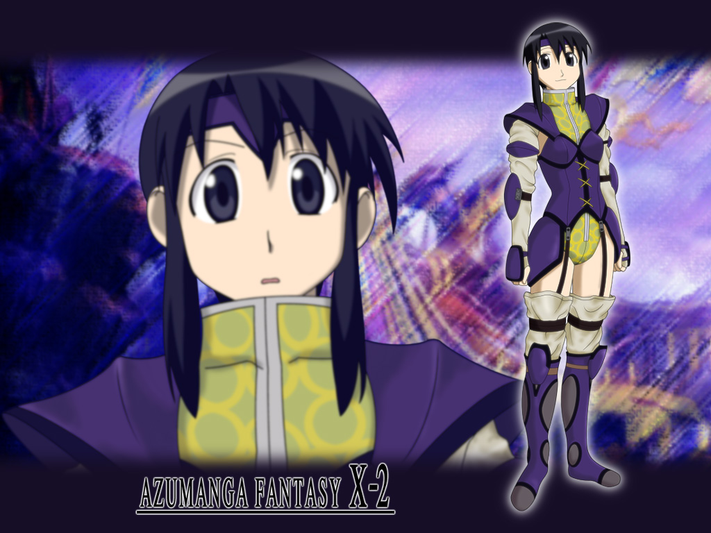 niinii, kurosawa minamo, lucil, azufan, azumanga daiou, final fantasy, final fantasy x, final fantasy x-2, 1girl, black eyes, black hair, cosplay, crossover, lucil (cosplay), lucile, multiple views, parody, projected inset, trait connection, zoom layer