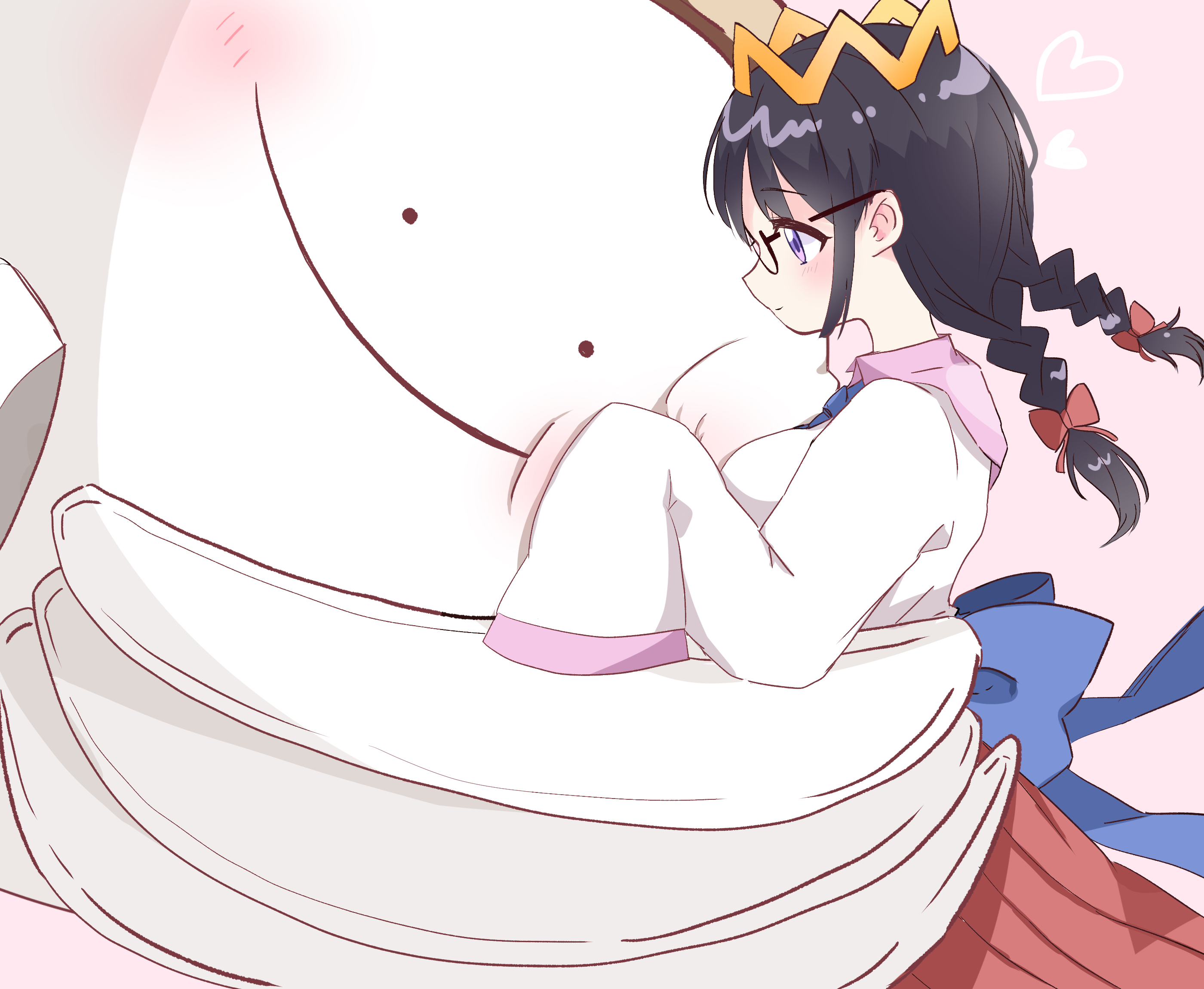 yoake (yoake 04), ripple star queen, zero two (kirby), kirby (series), kirby 64, nintendo, highres, 1girl, back bow, black hair, blue bow, blush, bow, braid, crown, glasses, hair bow, hug, long hair, low twin braids, pink background, purple eyes, red bow, sleeves past fingers, sleeves past wrists, twin braids