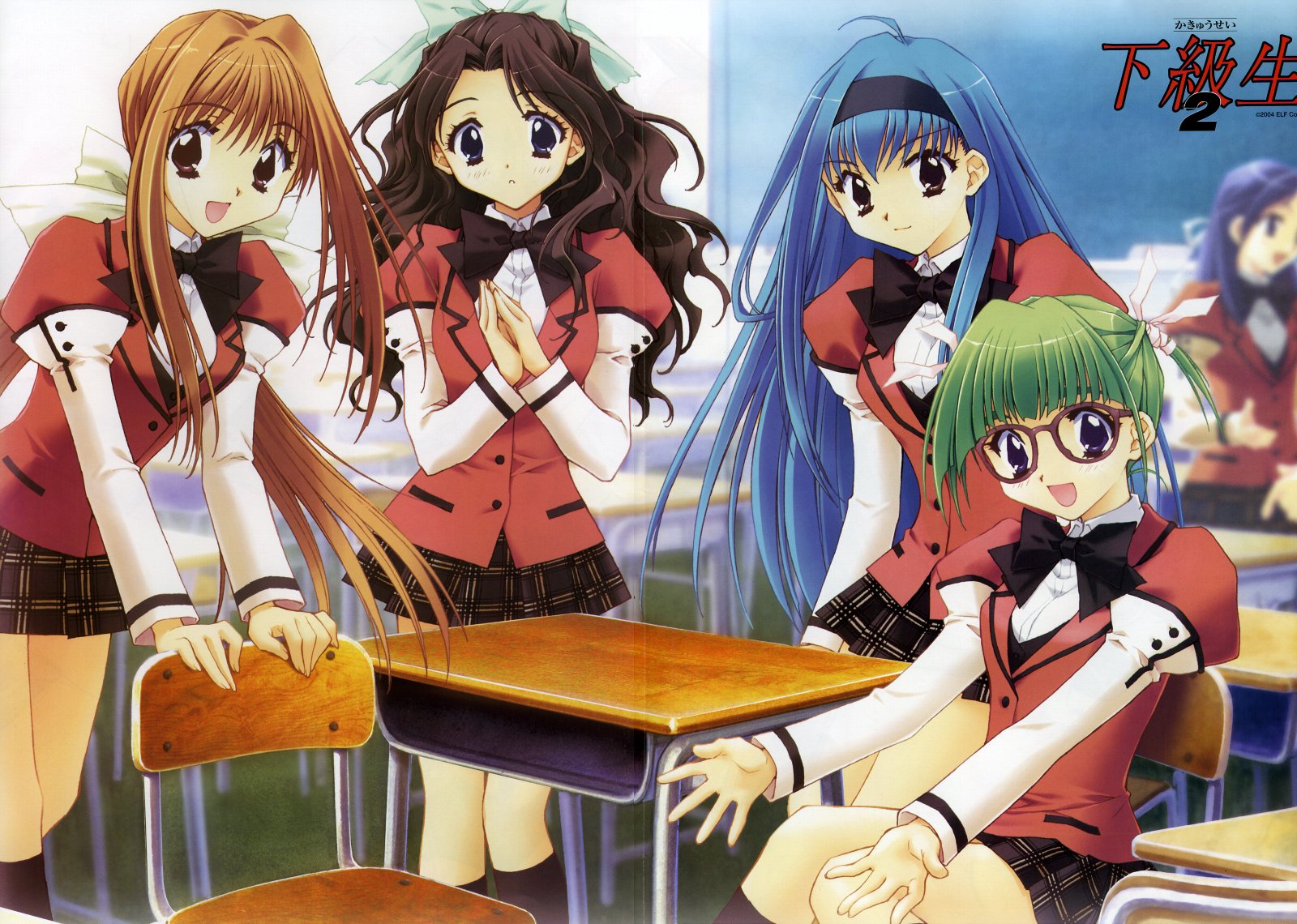 kadoi aya, hirasawa hiroko, saimon tamaki, shirai yuuri, takatoo nanase, kakyuusei (series), kakyuusei 2, highres, 5girls, blue eyes, blue hair, bow, bowtie, brown eyes, brown hair, classroom, glasses, green hair, hair bow, indoors, multiple girls, school, school uniform, serafuku, skirt