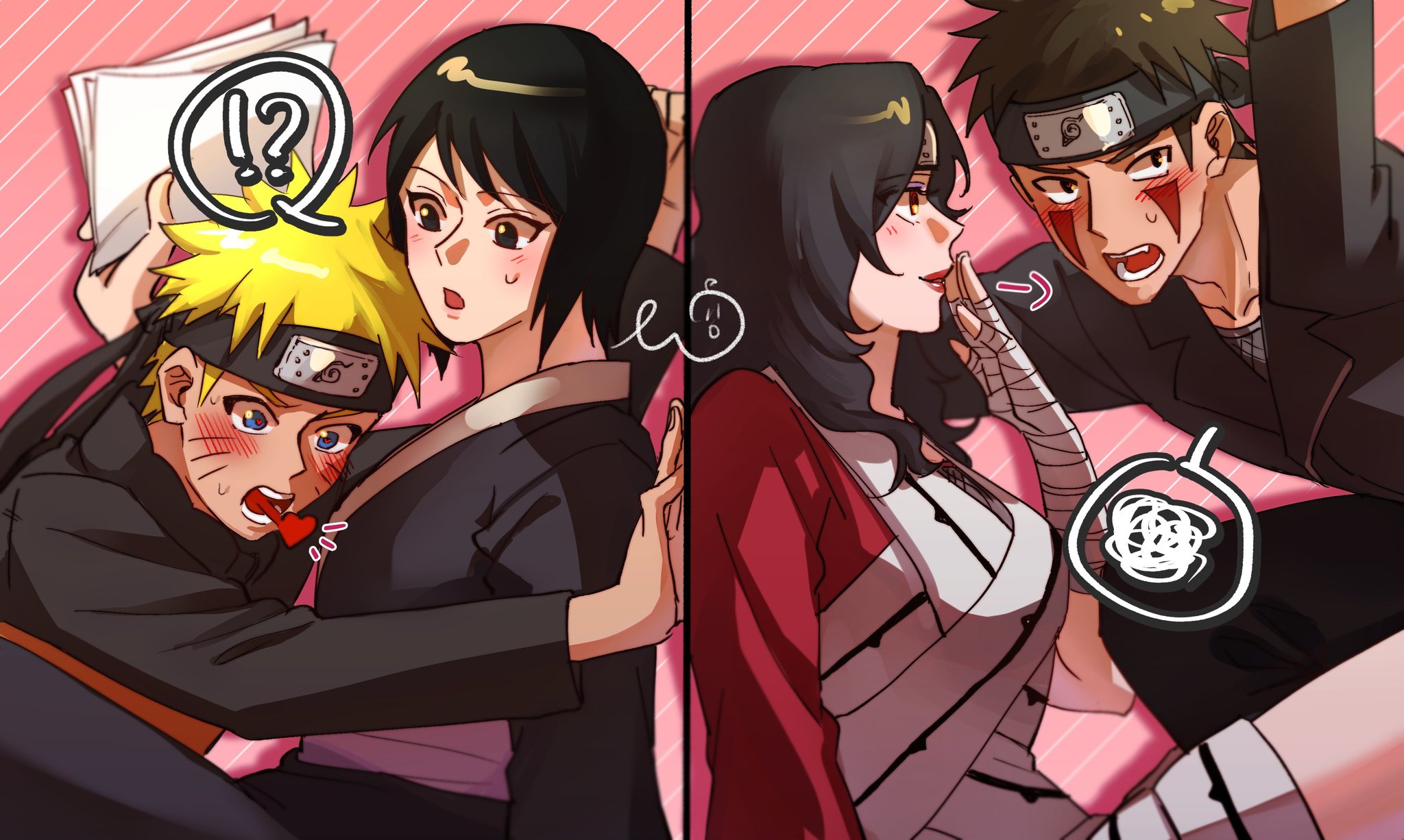 may c, inuzuka kiba, shizune (naruto), uzumaki naruto, yuuhi kurenai, naruto (series), naruto shippuuden, commentary, highres, symbol-only commentary, 2boys, 2girls, bandaged arm, bandages, black eyes, black hair, black kimono, blonde hair, blue eyes, blush, breasts, diagonal-striped background, facial mark, forehead protector, holding, holding paper, japanese clothes, kimono, konohagakure symbol, large breasts, multiple boys, multiple girls, paper, red lips, short hair, smile, striped background, sweatdrop, wavy hair, whisker markings