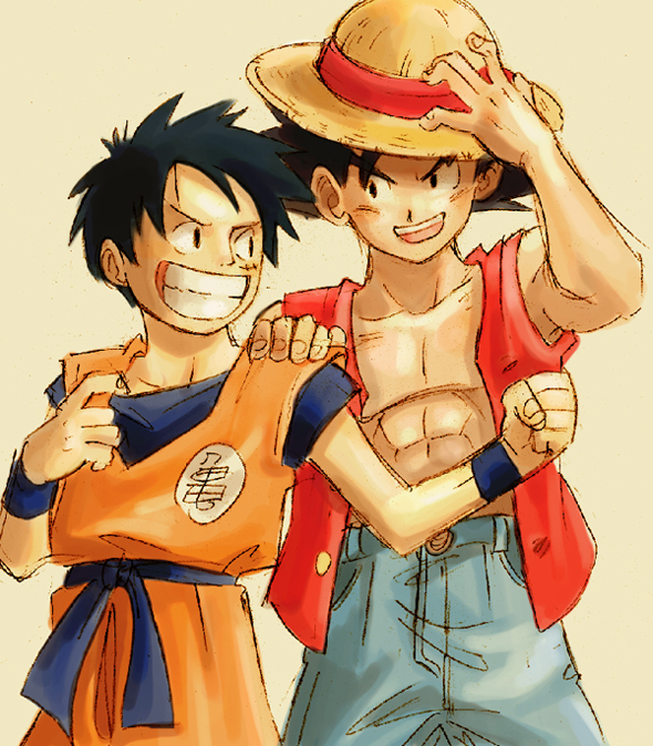 monkey d. luffy, son goku, dragon ball, one piece, shounen jump, sepia background, 2boys, abs, black hair, clothes writing, company connection, cosplay, costume switch, crossover, happy, hat, male focus, multiple boys, muscular, scar, short hair, smile, spiked hair, straw hat