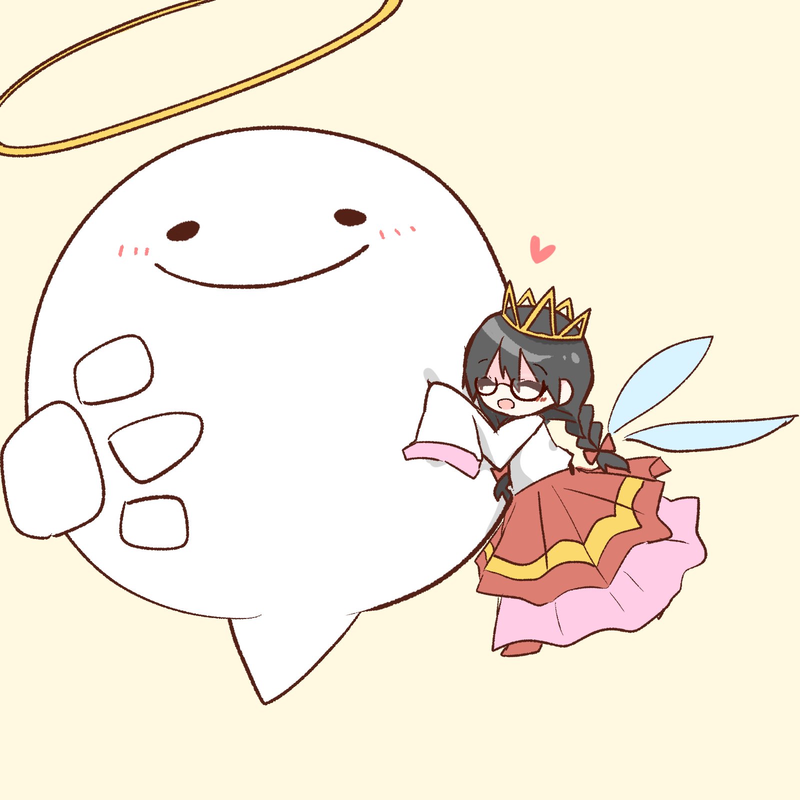 yoake (yoake 04), ripple star queen, zero two (kirby), kirby (series), kirby 64, nintendo, highres, 1girl, black hair, bow, braid, crown, fairy, fairy wings, hair bow, halo, heart, long hair, long skirt, low twin braids, open mouth, pink skirt, red bow, simple background, skirt, sleeves past fingers, sleeves past wrists, smile, twin braids, wings