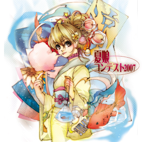 sakiya, sakiya (bas-web), original, 1girl, bag, blonde hair, brown eyes, cotton candy, female focus, fish, food, goldfish, holding, holding cotton candy, holding food, japanese clothes, kimono, solo