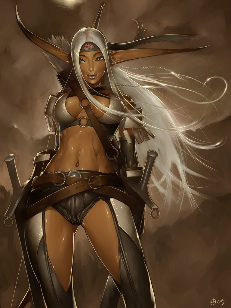 alien1452, 1girl, aqua eyes, belt, bikini, bikini top only, bow (weapon), breasts, cleavage, dark-skinned female, dark skin, elf, female focus, headband, lipstick, long hair, long pointy ears, makeup, midriff, pointy ears, short shorts, shorts, solo, swimsuit, sword, weapon, white hair