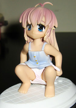 mizuki shiori, hajimete no orusuban, lowres, photo (medium), 1girl, barefoot, blue eyes, female focus, figure, loli, panties, panty pull, pink hair, solo, underwear