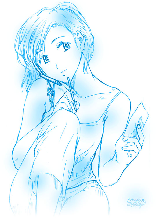 katagiri mayu, 1girl, blue theme, cellphone, female focus, monochrome, phone, solo