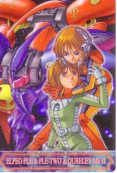 elpeo puru, puru two, qubeley, qubeley mk ii, gundam, gundam zz, pilot suit, 1980s (style), 2girls, black bodysuit, bodysuit, card, card (medium), gloves, headset, hug, mecha, multiple girls, oldschool, orange hair, purple eyes, red hair, retro artstyle, robot, short hair
