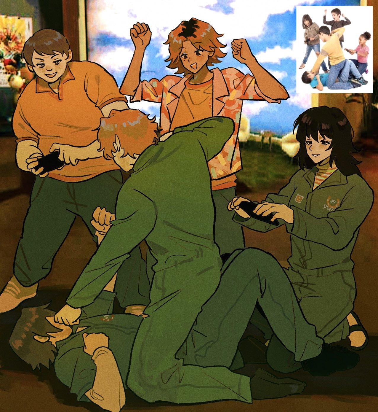 a-kai202, anya (mouthwashing), curly (mouthwashing), daisuke (mouthwashing), jimmy (mouthwashing), swansea (mouthwashing), mouthwashing, chinese commentary, commentary, highres, photo-referenced, 1girl, 4boys, beating, black hair, blonde hair, blue jumpsuit, cellphone, collared shirt, holding, holding phone, jumpsuit, mole, mole under eye, multiple boys, on ground, open mouth, orange shirt, phone, photo inset, pink shirt, pony express uniform, punching, reference inset, shirt, short hair, short sleeves, smartphone, smile