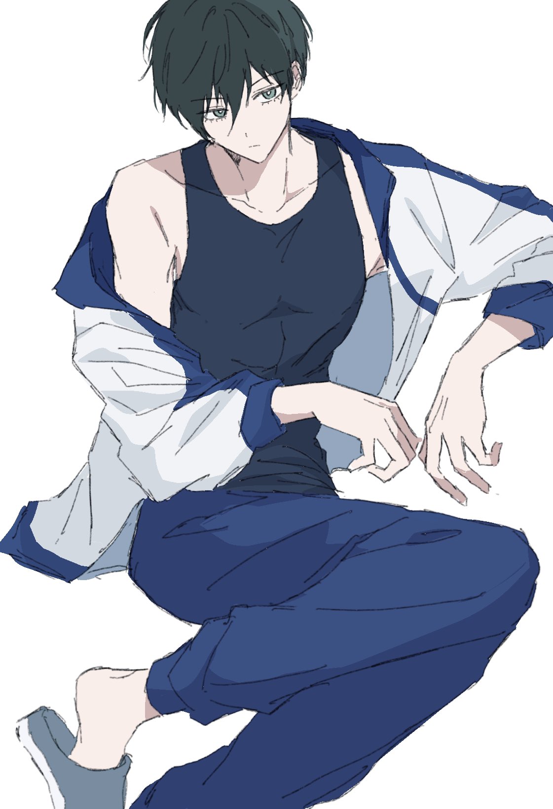 mmuurrii1010, itoshi rin, blue lock, commentary, highres, 1boy, black hair, black shirt, blue pants, closed mouth, collarbone, dot nose, double-parted bangs, hair behind ear, jacket, jacket partially removed, looking to the side, male focus, pants, shirt, shoes, short hair, sideways glance, simple background, single bare shoulder, solo, tank top, white background
