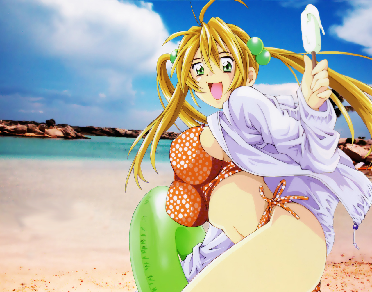 shiozaki yuji, sonsaku hakufu, ikkitousen, official art, official wallpaper, 00s, 1girl, :d, antenna hair, beach, bikini, bikini under clothes, blonde hair, breasts, cloud, day, female focus, food, green eyes, hair bobbles, hair ornament, happy, innertube, jacket, large breasts, long hair, open clothes, open jacket, open mouth, orange bikini, outdoors, photo background, polka dot, polka dot bikini, polka dot swimsuit, popsicle, side-tie bikini bottom, sideboob, sky, smile, solo, swim ring, swimsuit, swimsuit under clothes, twintails, water