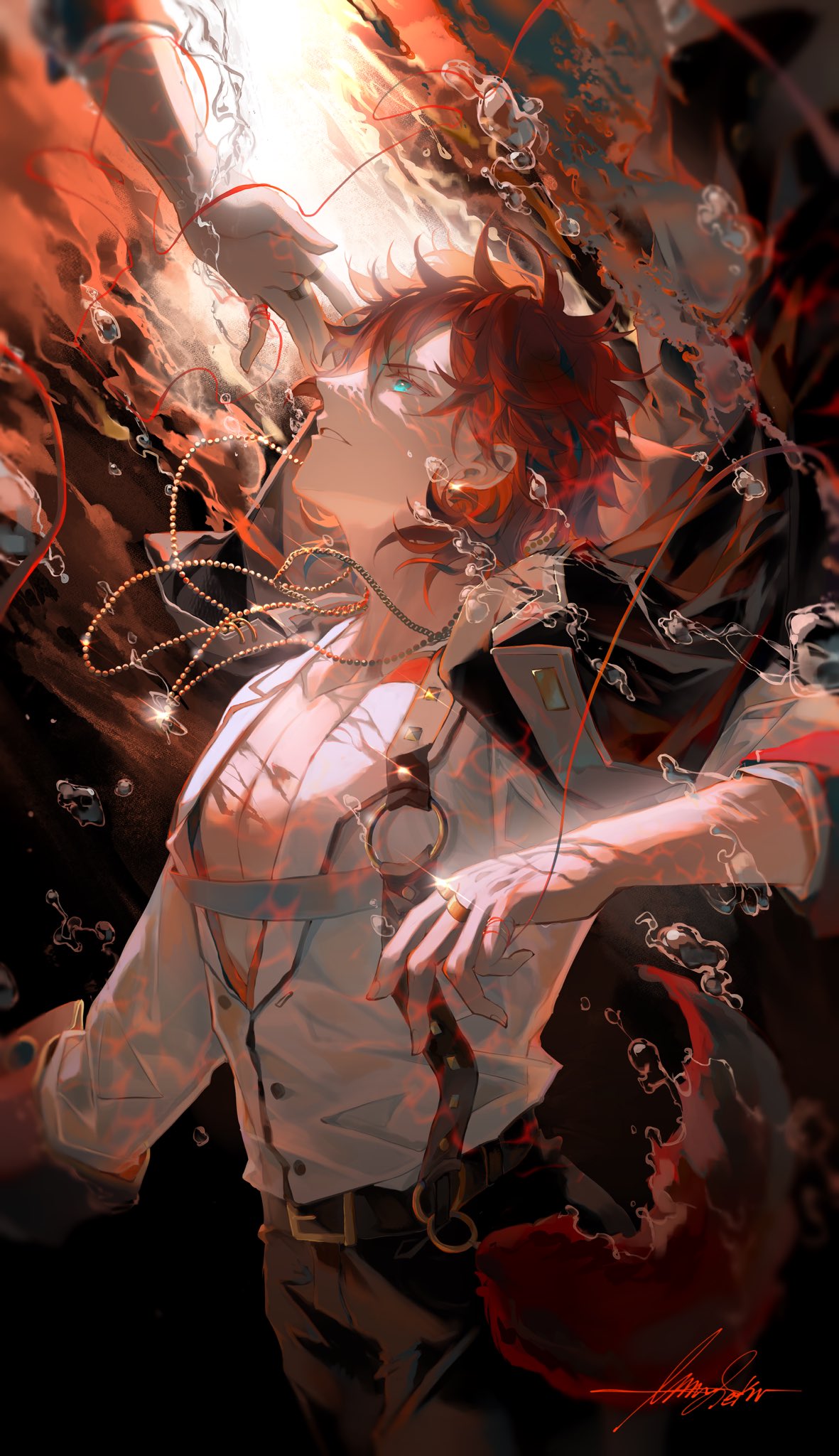 amagi rinne, ensemble stars!, highres, 1boy, black pants, blue eyes, crazy b (ensemble stars!), hair between eyes, jewelry, male focus, necklace, pants, red hair, shirt, string, string of fate, underwater, white shirt