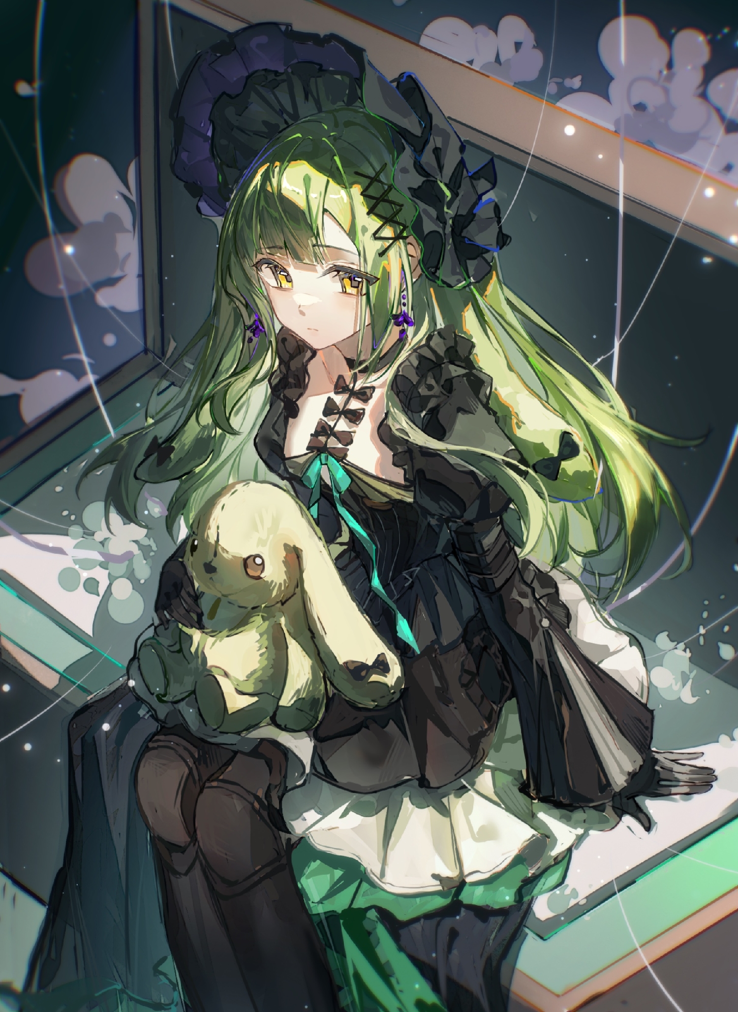wakaba mutsumi, arknights, bang dream!, bang dream! it's mygo!!!!!, highres, 1girl, animal ears, black bonnet, black choker, black dress, black gloves, black pantyhose, bonnet, bow, box, choker, closed mouth, doll joints, dress, ear bow, expressionless, feet out of frame, floppy ears, gloves, gothic lolita, green hair, green ribbon, hair ornament, holding, holding stuffed toy, in box, in container, joints, lolita fashion, long hair, long sleeves, looking at viewer, lu yan yan, pantyhose, puppet strings, rabbit ears, rabbit girl, ribbon, sidelocks, sitting, solo, stuffed animal, stuffed rabbit, stuffed toy, wakaba mutsumi (marionette's id), x hair ornament, yellow eyes