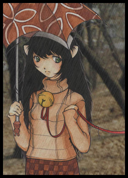animal ears, bell, black hair, cat ears, green eyes, rain, ribbon, skirt, solo, turtleneck, umbrella