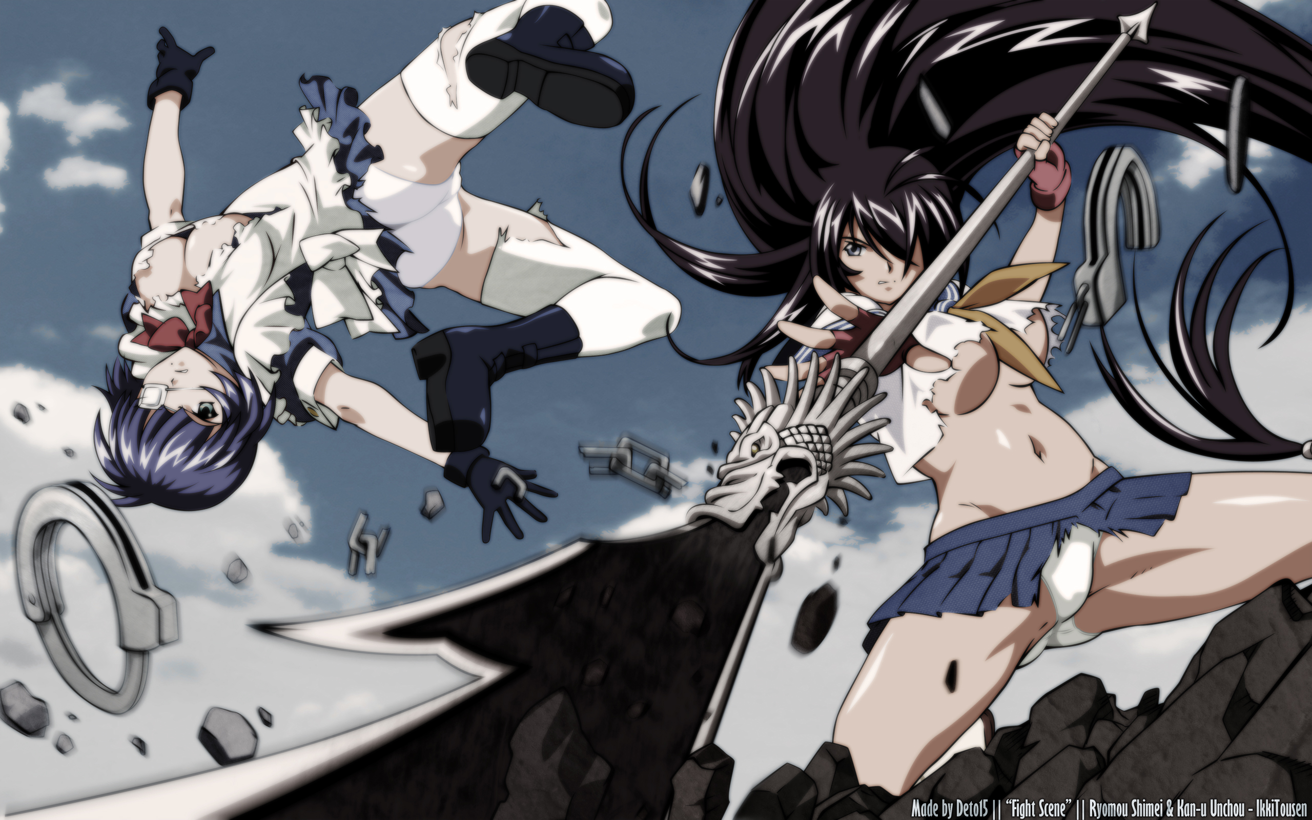 miyazawa tsutomu, kan'u unchou, ryomou shimei, ikkitousen, ikkitousen dragon destiny, highres, 00s, 2girls, battle, black hair, blue hair, boots, bra, breasts, cleavage, cuffs, eyepatch, gloves, hair over one eye, handcuffs, lingerie, long hair, maid, multiple girls, no bra, panties, pantyshot, polearm, school uniform, serafuku, short hair, skirt, spear, sword, thighhighs, torn clothes, underboob, underwear, very long hair, weapon, white panties