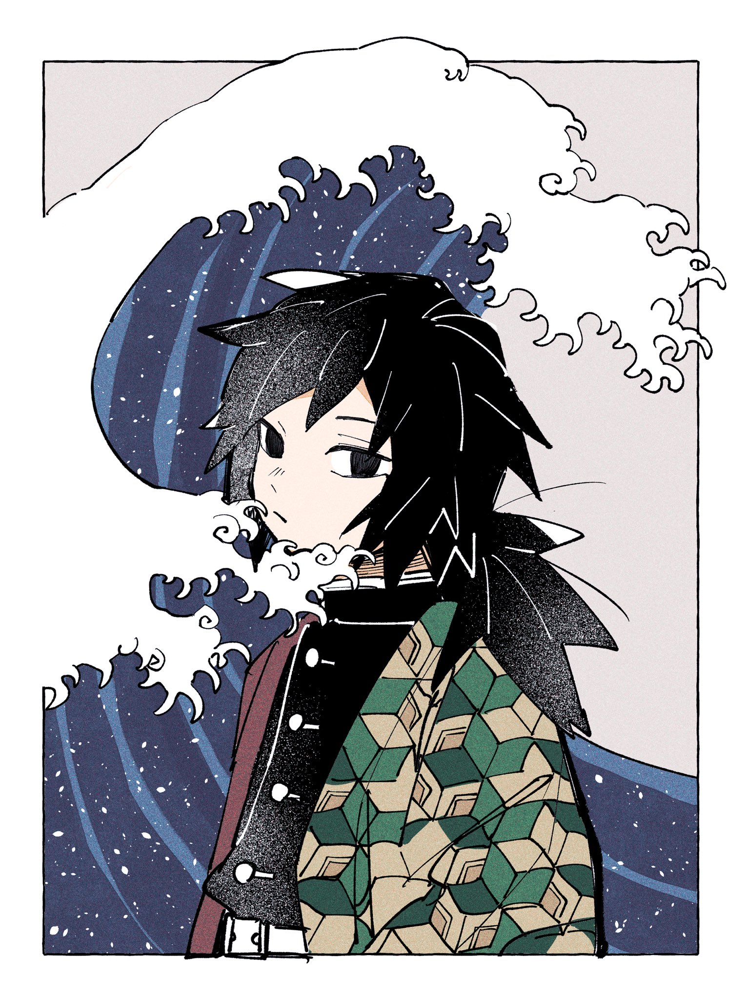 tomioka giyuu, kimetsu no yaiba, highres, 1boy, belt, black eyes, black hair, black jacket, buttons, closed mouth, demon slayer uniform, empty eyes, haori, holding, holding sword, holding weapon, jacket, japanese clothes, katana, kikkoumon, kmt nanataroo 7, looking at viewer, low ponytail, male focus, ponytail, print haori, red haori, solo, spiked hair, sword, water, weapon, white belt