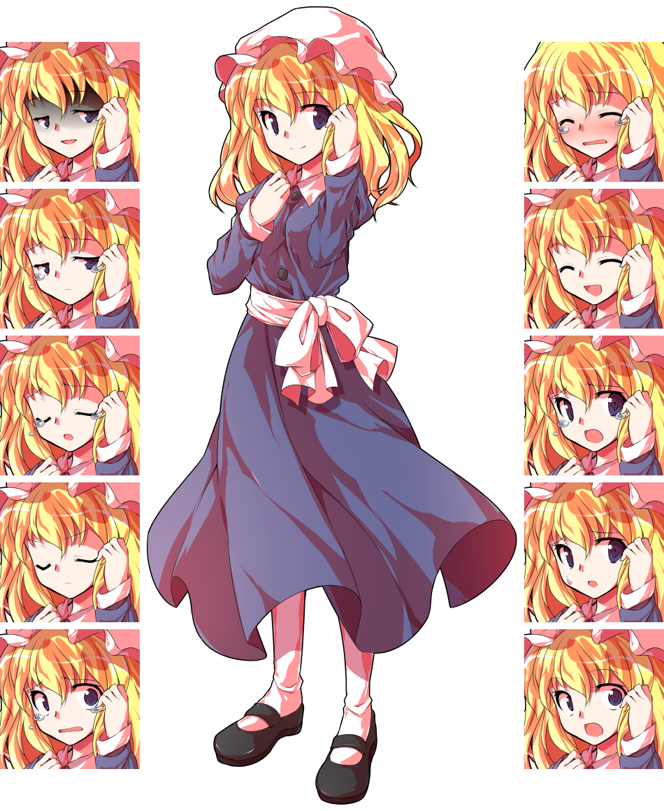 dairi, maribel hearn, touhou, 1girl, :d, ^ ^, alphes (style), armband, black shoes, blonde hair, blue dress, blue eyes, blush, breasts, buttons, closed eyes, collar, crying, dress, evil smile, happy, hat, legs together, long sleeves, mary janes, medium hair, mob cap, multiple expressions, open mouth, own hands together, parody, puffy long sleeves, puffy sleeves, sad, sash, shaded face, shoes, simple background, smile, socks, solo, style parody, sweat, tachi-e, tearing up, tears, transparent background, v arms, white armband, white collar, white hat, white socks