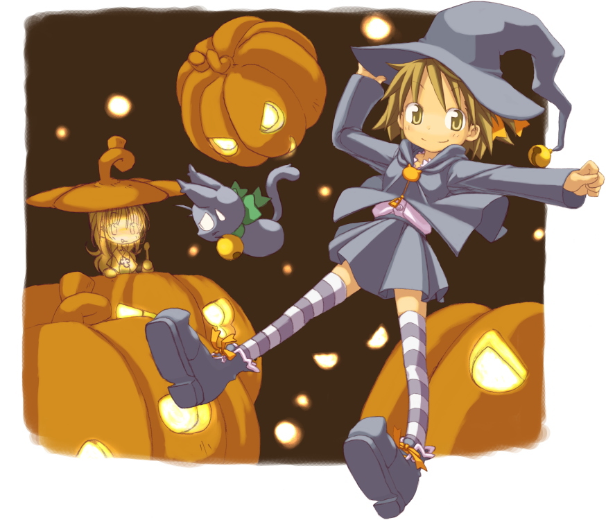 kuro (kuroneko no kanzume), striped legwear, 2girls, bell, brown background, cat, halloween, hat, jack-o'-lantern, multiple girls, patterned legwear, pumpkin, pumpkin hat, skirt, thighhighs, witch hat, zettai ryouiki
