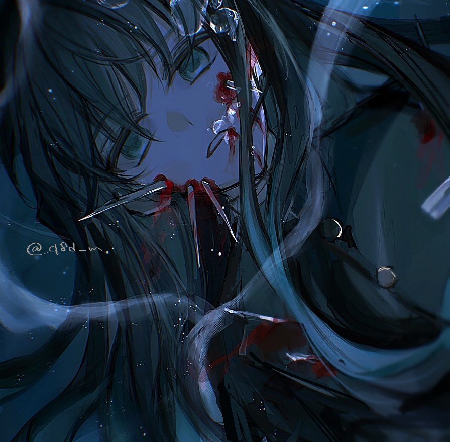 tokitou muichirou, kimetsu no yaiba, 1boy, aqua eyes, aqua hair, black hair, black jacket, blood, buttons, gold buttons, injury, jacket, long hair, long sidelocks, looking at viewer, male focus, multicolored hair, q8d m, sidelocks, solo, twitter username, two-tone hair, underwater, upper body