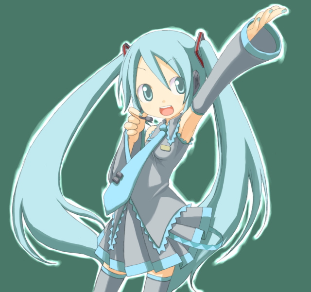 kuro (kuroneko no kanzume), hatsune miku, vocaloid, armpits, headphones, long hair, microphone, skirt, solo, thighhighs, twintails, very long hair, zettai ryouiki