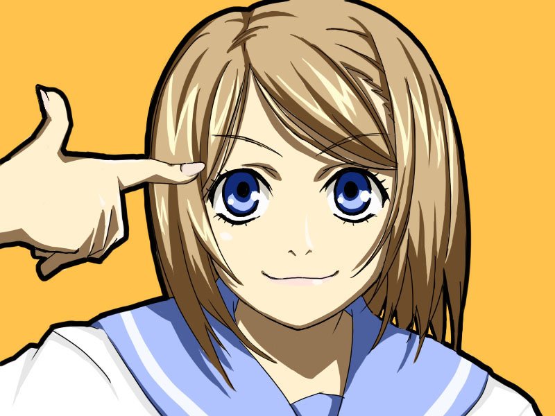 rutarou, joshi kousei, original, bad id, bad pixiv id, 1girl, blue eyes, brown hair, female focus, finger gun, finger gun to head, parody, pointing, portrait, school uniform, serafuku, smile, solo, style parody