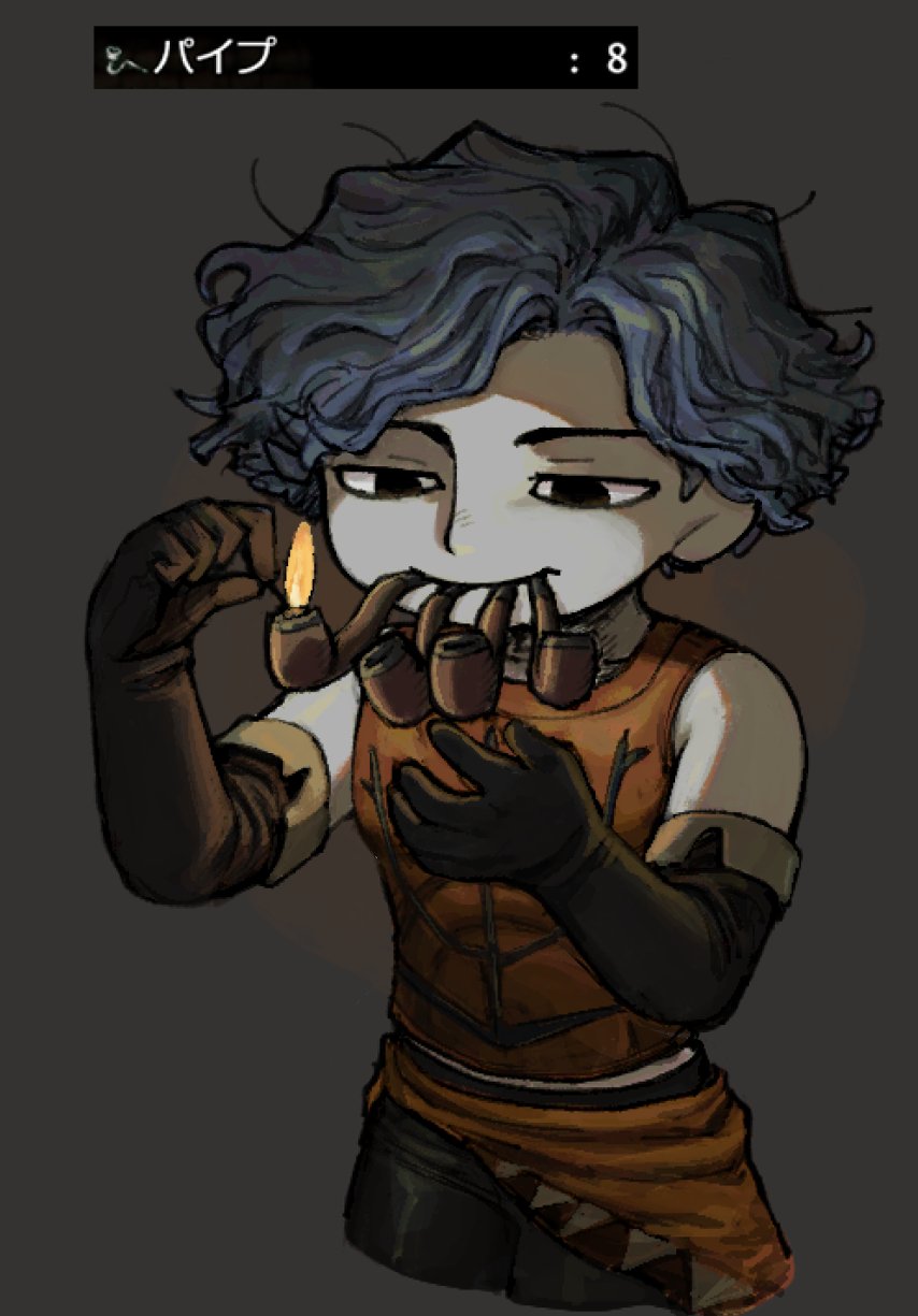 sm2 hokke, cahara (fear & hunger), fear & hunger (series), fear & hunger 1, hashtag-only commentary, highres, 1boy, armor, bare shoulders, black pants, blue hair, brown gloves, cropped legs, elbow gloves, fold-over gloves, gloves, grey background, leather armor, male focus, pants, short hair, smoking, smoking pipe, solo, too many in mouth