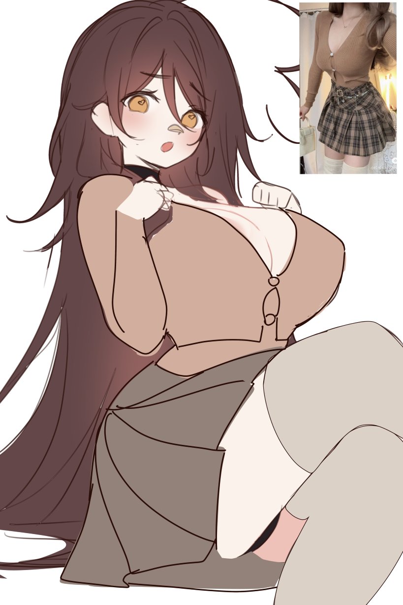 sky above me, sky above me (vtuber), indie virtual youtuber, clevage, highres, 1girl, ahoge, breasts, brown eyes, brown hair, choker, huge ahoge, large breasts, long hair, skirt, solo, thighs, very long hair