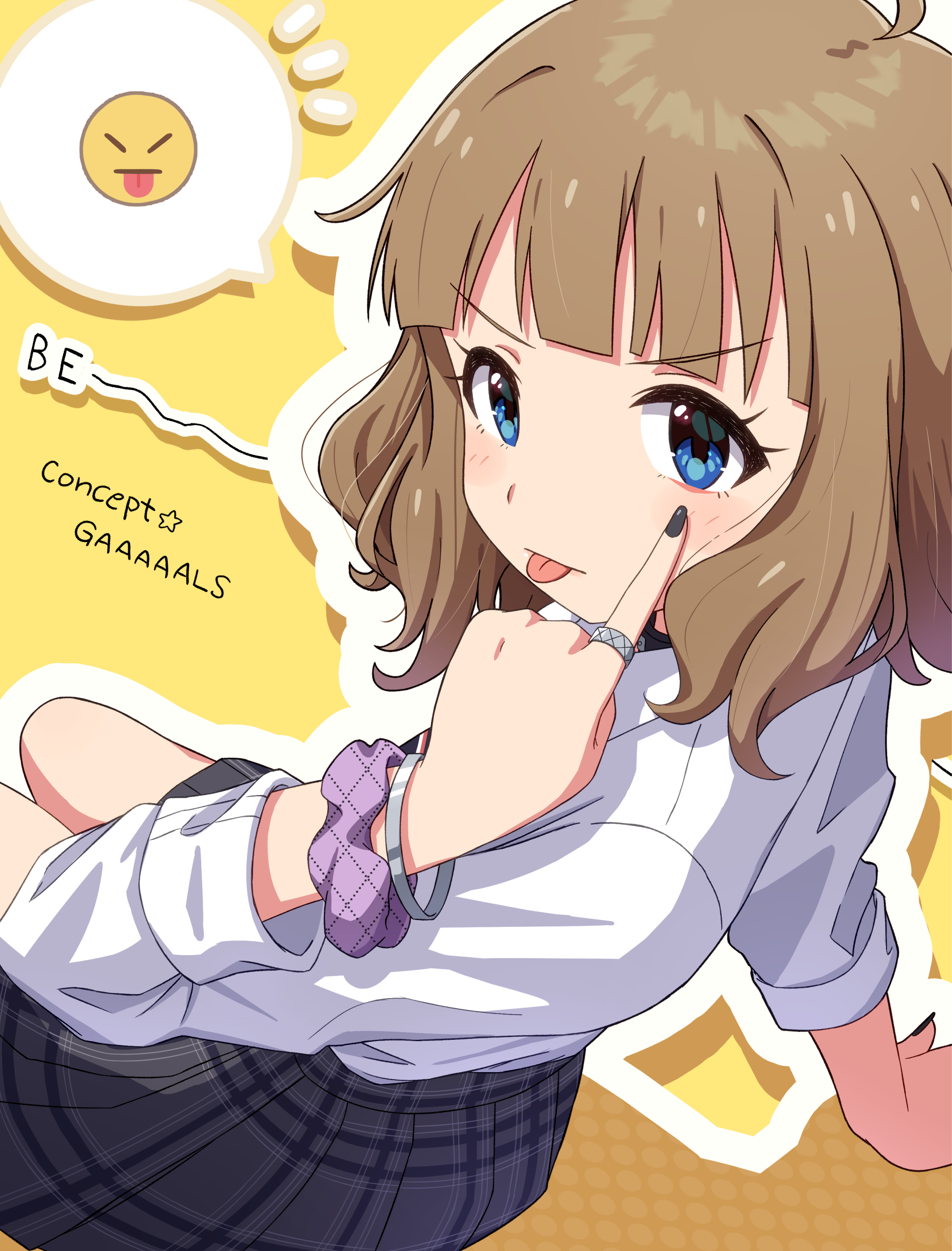 houraijin, suou momoko, idolmaster, idolmaster million live!, idolmaster million live! theater days, silver ring, absurdres, highres, 1girl, :p, ahoge, akanbe, anime coloring, arm support, bangle, black choker, black nails, blue eyes, blunt bangs, bracelet, brown hair, choker, collared shirt, concept gyarus (idolmaster), emoji, english text, eyelashes, eyelid pull, fingernails, grey skirt, gyaru, hand up, index finger raised, jewelry, kogal, long fingernails, looking at viewer, medium hair, nail polish, official alternate costume, open collar, outline, plaid clothes, plaid skirt, pleated skirt, purple scrunchie, school uniform, scrunchie, shirt, sidelocks, silver bangle, silver bracelet, sitting, skirt, sleeves rolled up, solo, tongue, tongue out, v-shaped eyebrows, white outline, white shirt, wrist scrunchie, yellow background
