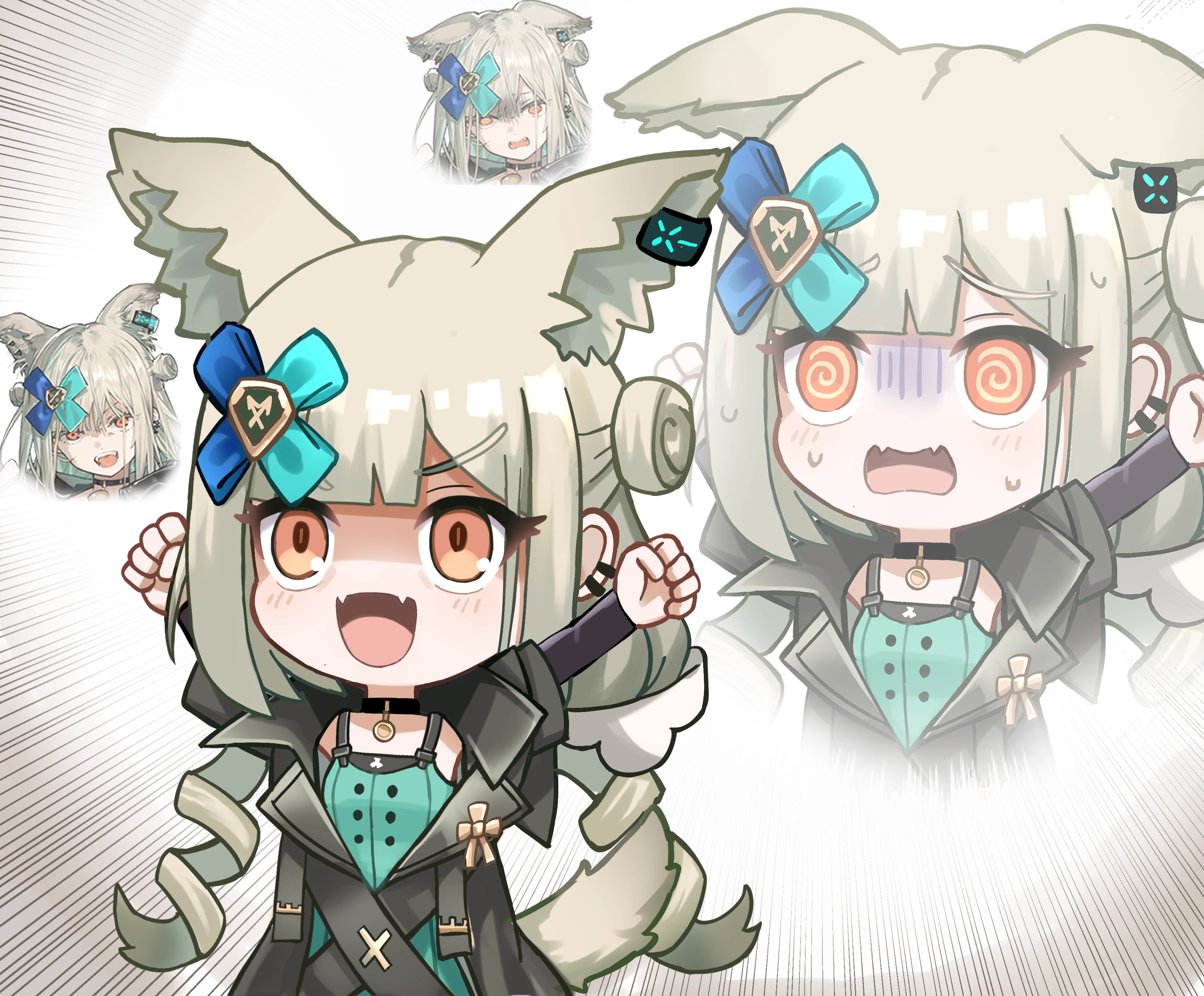 th3cr0ma, arknights, absurdres, highres, 1girl, @ @, animal ears, arms up, black choker, black jacket, cat ears, chibi, chibi only, choker, clenched hands, different zoom layer, dress, earrings, ears down, emphasis lines, fangs, furrowed brow, green dress, hair ribbon, jacket, jewelry, long hair, long sleeves, looking at viewer, morpheus (arknights), nervous, nervous sweating, official art inset, open mouth, orange eyes, ribbon, shaded face, smile, sweat, turn pale