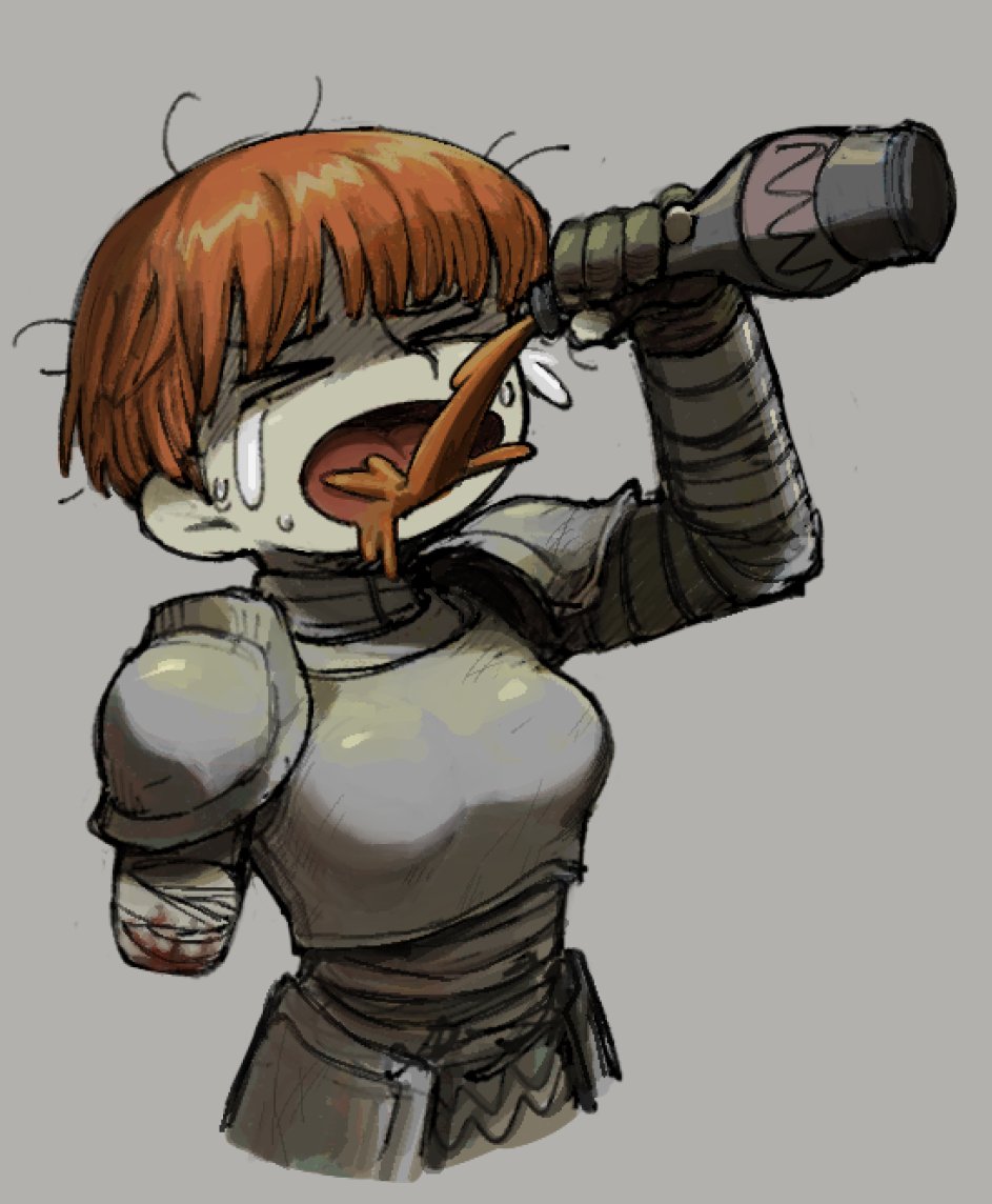 sm2 hokke, d'arce (fear & hunger), fear & hunger (series), fear & hunger 1, hashtag-only commentary, > <, 1girl, amputee, armor, bandaged arm, bandages, boobplate, bottle, breastplate, cropped torso, crying, drinking, fingerless gloves, gloves, green gloves, grey background, holding, holding bottle, knight, open mouth, orange hair, pauldrons, short hair, shoulder armor, simple background, solo