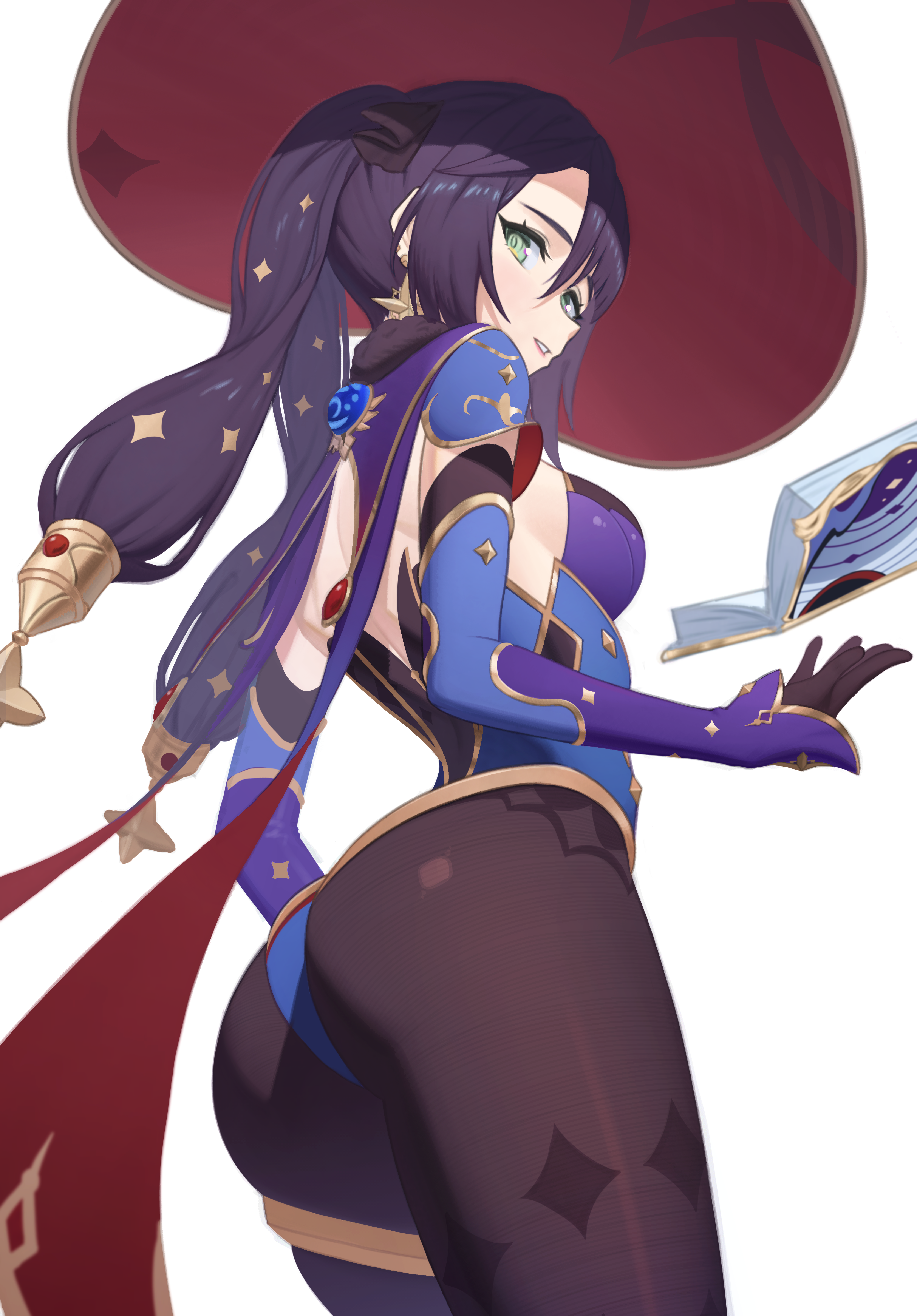 mona (genshin impact), genshin impact, absurdres, highres, 1girl, ass, black gloves, blue leotard, book, breasts, capelet, detached sleeves, elbow gloves, from behind, from below, from side, fur-trimmed capelet, fur trim, gloves, green eyes, grimoire, hat, highleg, highleg leotard, jewelry, leotard, long hair, looking at viewer, looking back, medium breasts, pantyhose, parted lips, purple hair, sasa (ogen9852), simple background, solo, thighlet, twintails, very long hair, vision (genshin impact), white background, witch hat