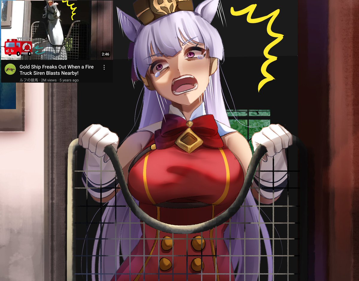 sp4rk, gold ship (umamusume), umamusume, commentary, 1girl, animal, animal ears, bare shoulders, bow, bowtie, breasts, dress, gloves, horse, horse ears, horse girl, large breasts, long hair, open mouth, purple eyes, real life insert, red bow, red bowtie, red dress, tears, white gloves, white hair