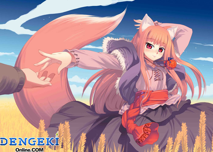 koume keito, holo, spice and wolf, 00s, animal ears, cowboy shot, day, outdoors, solo focus, standing, tail, watermark, web address, wheat, wolf ears, wolf tail