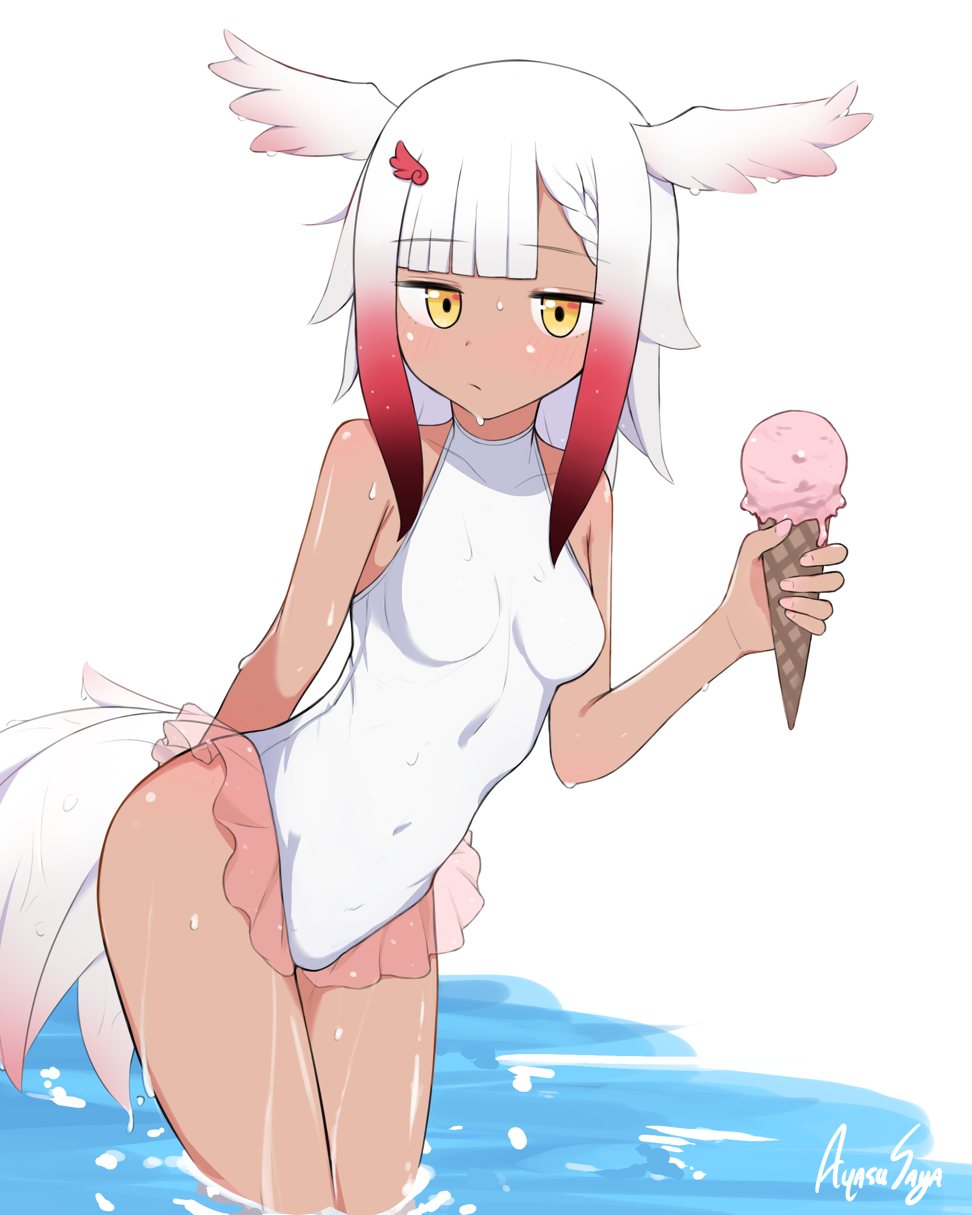 beroberobe, japanese crested ibis (kemono friends), kemono friends, 1girl, arm behind back, bare hips, bare shoulders, bird girl, bird tail, blush, breasts, closed mouth, colored tips, covered collarbone, covered navel, dot nose, expressionless, eyebrows hidden by hair, feathered wings, feathers, feet out of frame, female focus, food, gradient feathers, hand up, head wings, holding, holding food, holding ice cream, ice cream, long hair, looking at viewer, multicolored hair, petite, red feathers, red hair, simple background, small breasts, solo, standing, tail, tan, two-tone feathers, two-tone hair, water, white background, white feathers, white hair, wings, yellow eyes