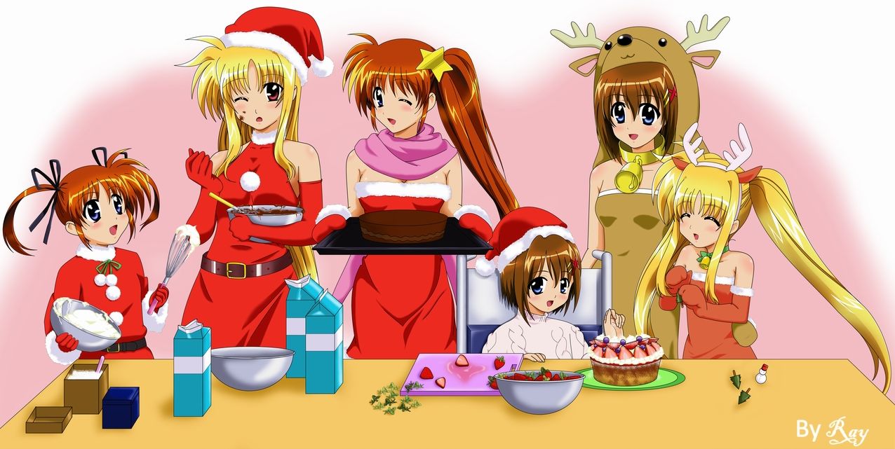 fate testarossa, takamachi nanoha, yagami hayate, lyrical nanoha, mahou shoujo lyrical nanoha, mahou shoujo lyrical nanoha strikers, 00s, 6+girls, blonde hair, cake, christmas, dual persona, food, multiple girls, pastry, santa costume, side ponytail, time paradox, twintails