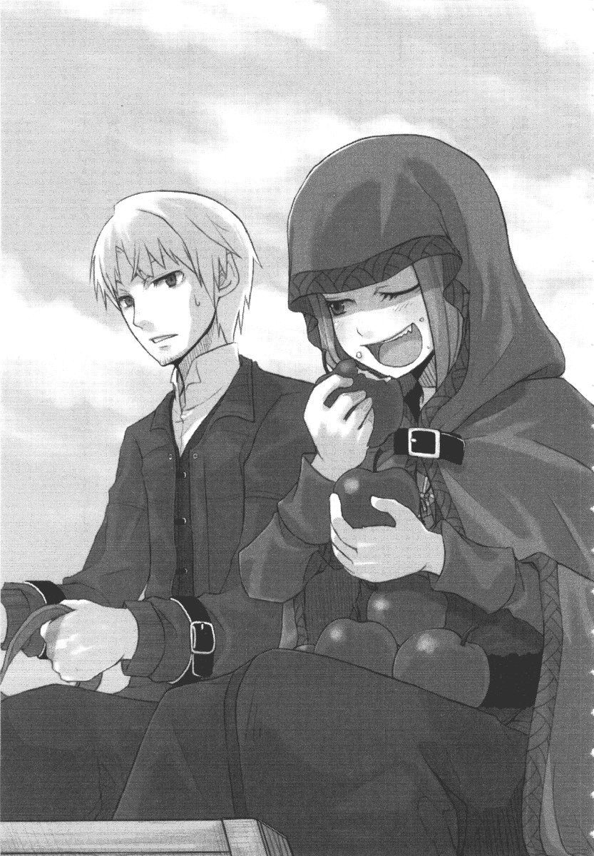 ayakura juu, craft lawrence, holo, spice and wolf, highres, novel illustration, official art, 00s, 1boy, 1girl, apple, food, fruit, greyscale, holding, holding food, holding fruit, monochrome