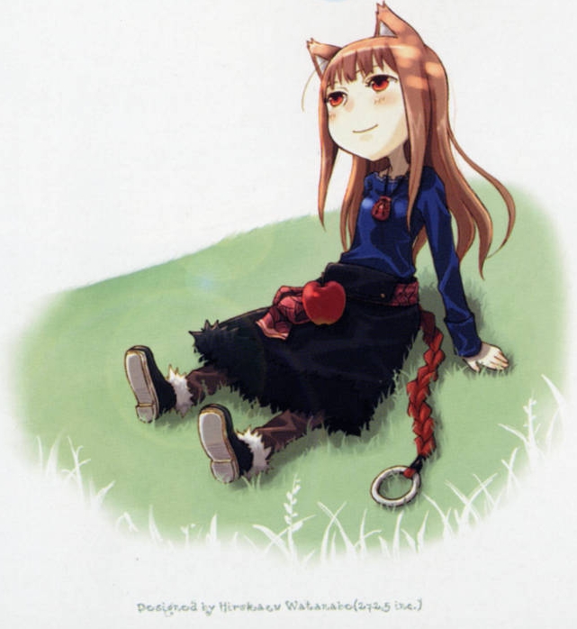 ayakura juu, holo, spice and wolf, novel illustration, official art, scan, 00s, 1girl, animal ears, apple, female focus, food, fruit, solo, wolf ears