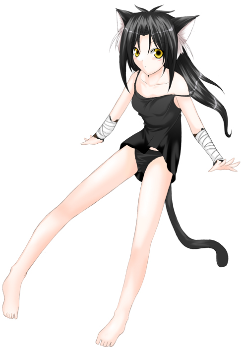 hagane soushi, animal ears, barefoot, black hair, cat ears, cat tail, feet, panties, solo, tail, underwear, yellow eyes