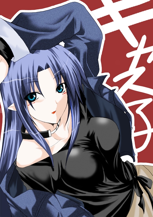 hagane soushi, medea (caster) (fate), medea (fate), fate/stay night, fate (series), 00s, blue hair, casual, choker, off shoulder, official alternate costume, pointy ears, solo