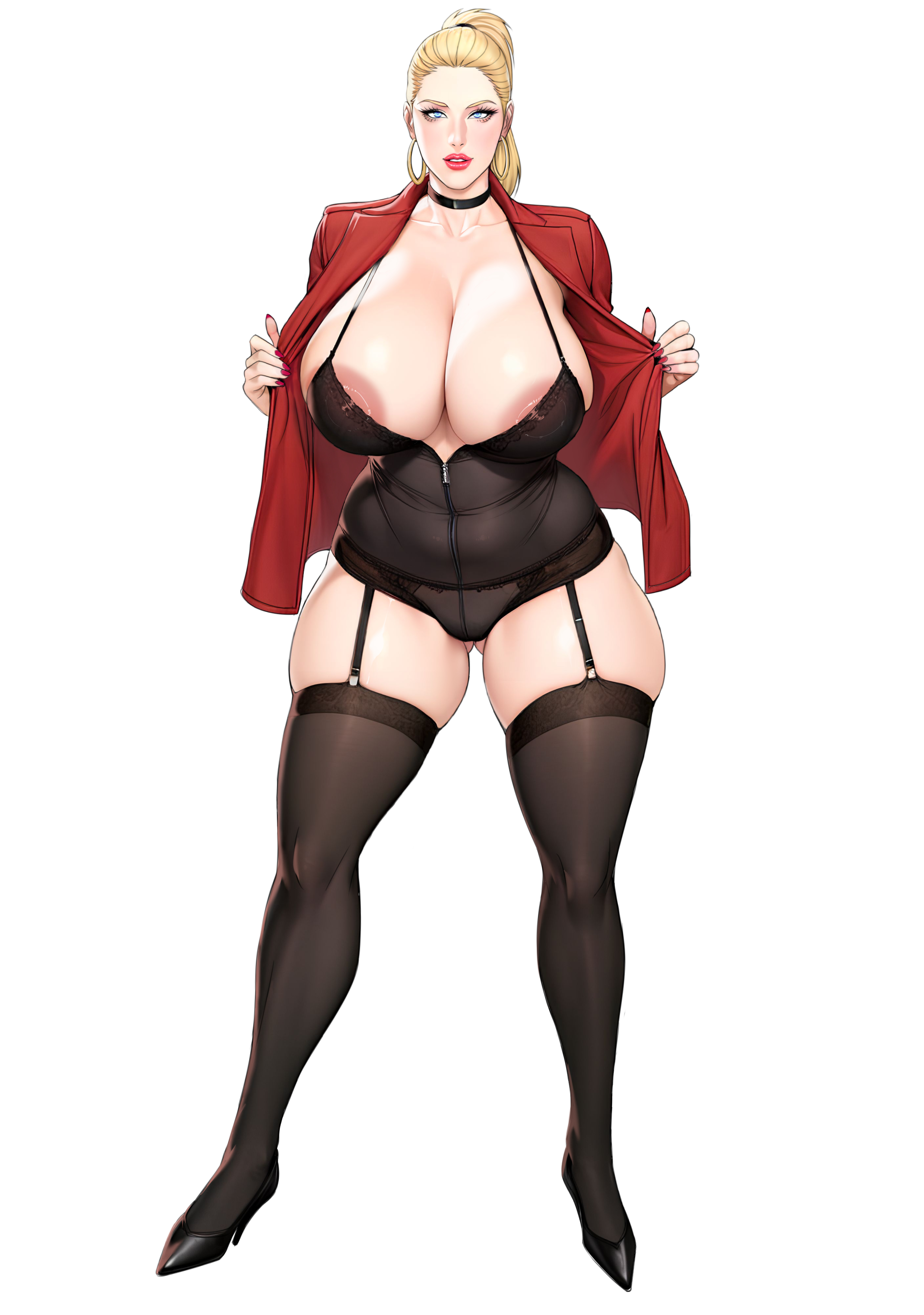 xlx, black footwear, highres, 1girl, areola slip, black choker, black garter straps, black thighhighs, blonde hair, blue eyes, breasts, choker, cleavage, curvy, earrings, full body, garter straps, gluteal fold, high heels, high ponytail, hoop earrings, huge breasts, jacket, jewelry, large areolae, lipstick, long hair, looking at viewer, makeup, mature female, mole, nail polish, open clothes, open jacket, ponytail, red jacket, red lips, red nails, skindentation, solo, standing, thick thighs, thighhighs, thighs, transparent background, zipper