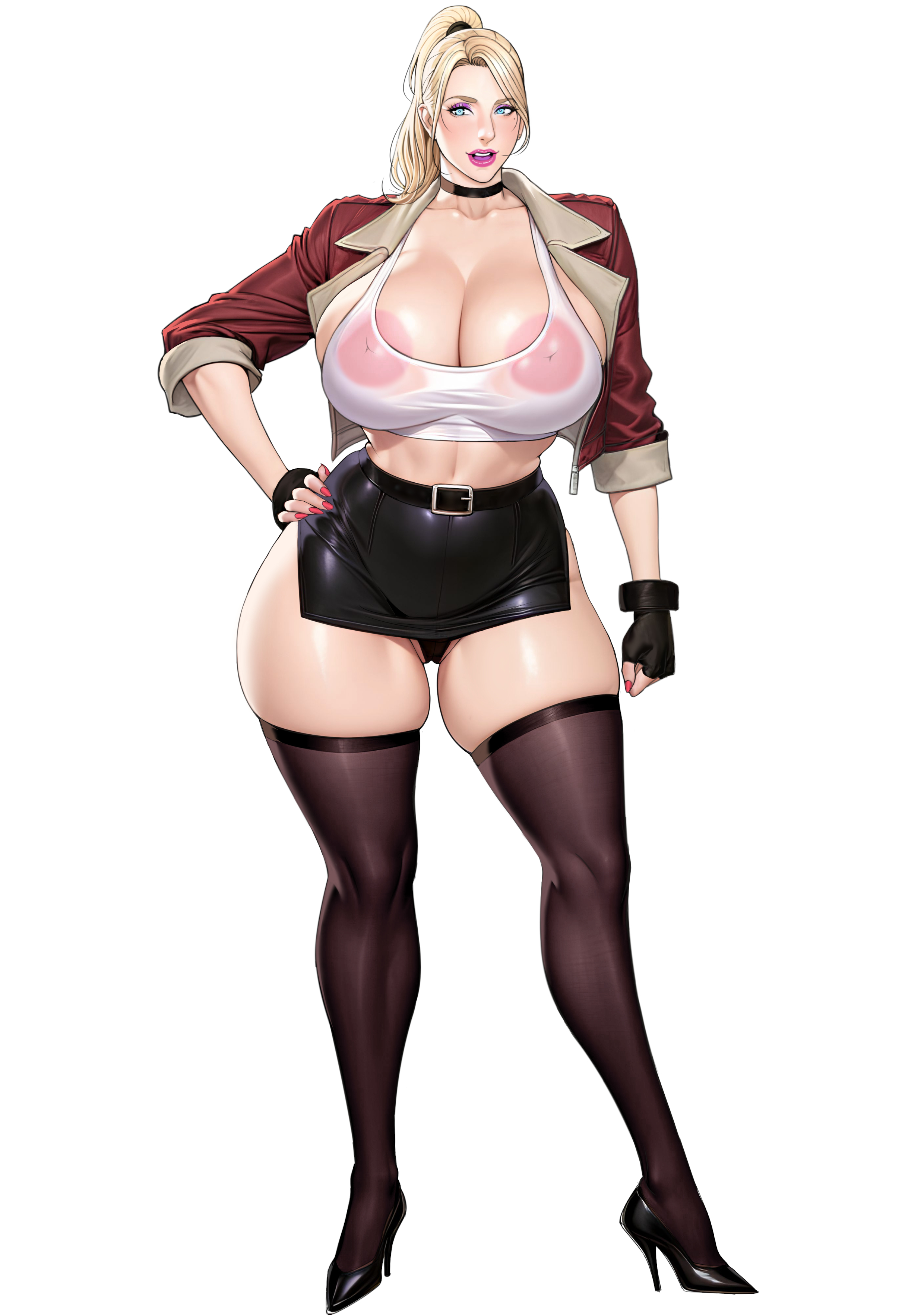 xlx, highres, 1girl, areola slip, belt, black gloves, black thighhighs, blonde hair, blue eyes, breasts, choker, cleavage, crop top, cropped jacket, curvy, fingerless gloves, full body, gloves, hand on own hip, high heels, huge breasts, jacket, large areolae, lipstick, looking at viewer, makeup, open clothes, open jacket, panties, pink nails, ponytail, red jacket, skirt, solo, standing, tachi e, tank top, thick thighs, thighhighs, thighs, transparent background, underwear