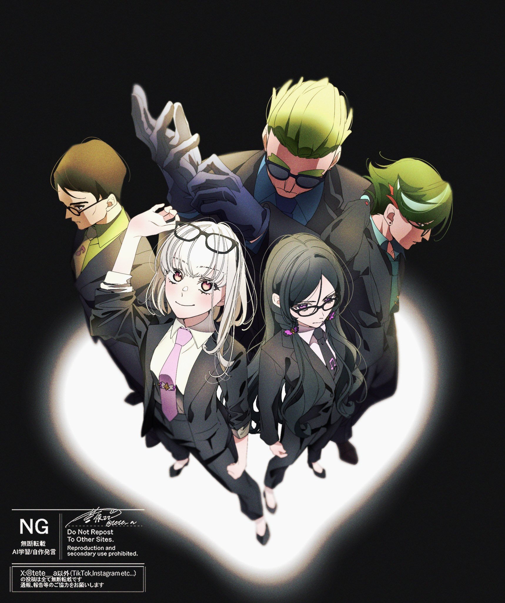 aoi tete, meroron (precure), purirun (precure), tanaka (precure), kimi to idol precure, precure, highres, 2girls, 3boys, artist name, black background, black hair, black shoes, black suit, blonde hair, blunt bangs, bob cut, brown hair, business, business suit, earrings, formal clothes, full body, glasses, gradient hair, green hair, hair ribbon, hair tie, high heels, jewelry, long hair, long sleeves, meroron (civilian) (precure), multicolored hair, multiple boys, multiple girls, necktie, pants, parted bangs, profile, purirun (civilian) (precure), ribbon, shoes, short hair, smile, spotlight, stage, stage lights, standing, suit, sunglasses, swept bangs, tight clothes, twitter username, very short hair, watermark, zakkuri (precure)