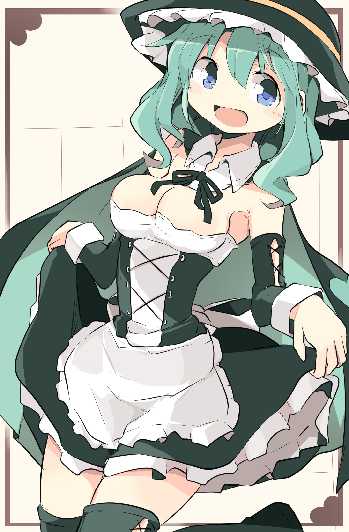 mukuroi, komeiji koishi, touhou, highres, 1girl, black ribbon, black thighhighs, blue eyes, breasts, cleavage, clothes lift, corset, detached sleeves, frilled hat, frills, green hair, hat, magical girl, open mouth, ribbon, skirt, skirt lift, thighhighs