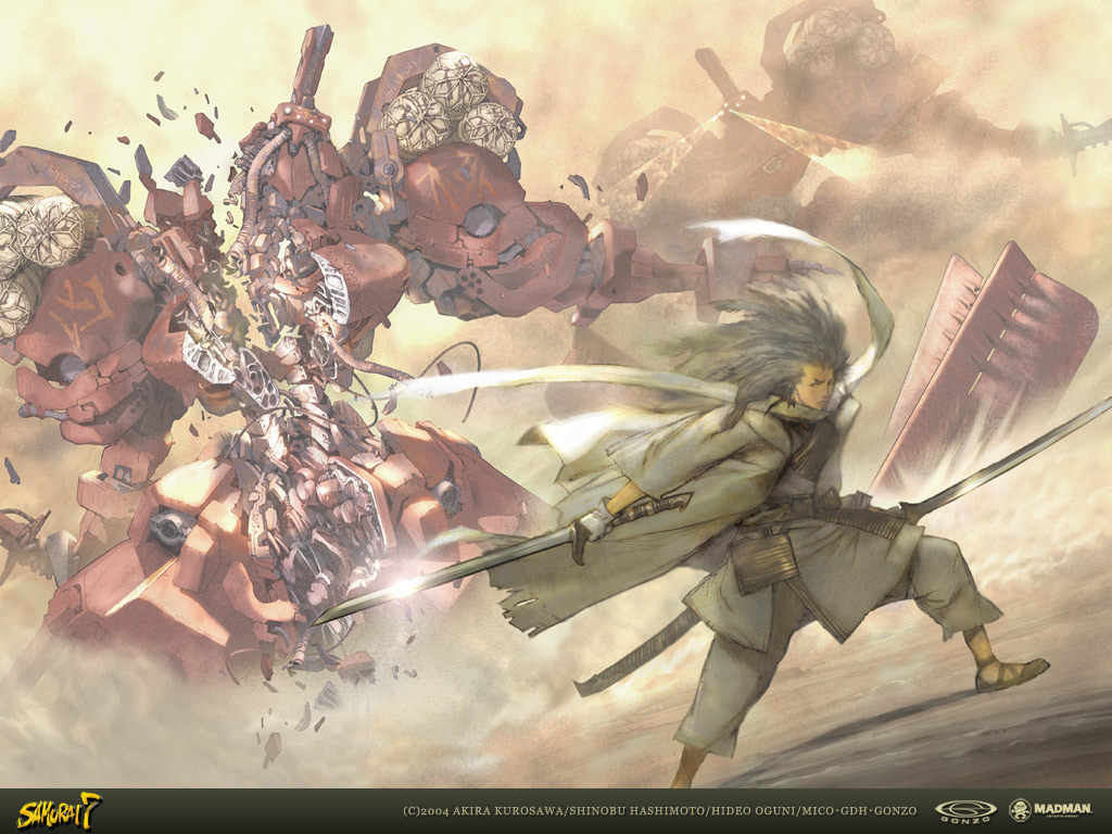 shimada kanbei, samurai 7, 00s, 1boy, destruction, dual wielding, haori, holding, japanese clothes, kimono, long hair, male focus, mecha, robot, samurai, sandals, solo