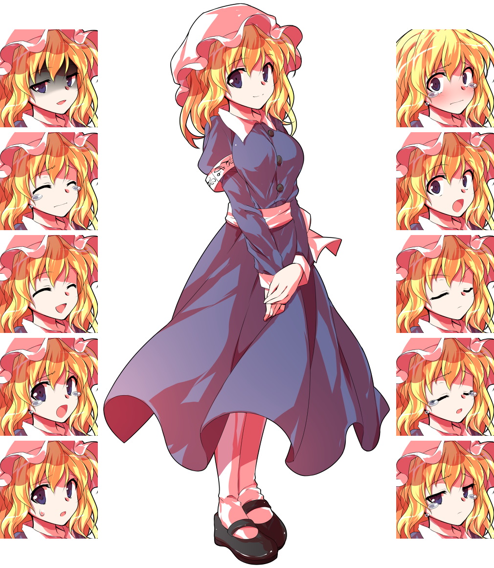dairi, maribel hearn, touhou, 1girl, :d, ^ ^, alphes (style), armband, black shoes, blonde hair, blue dress, blue eyes, blush, breasts, buttons, closed eyes, collar, crying, dress, flustered, happy, hat, legs together, long sleeves, mary janes, medium hair, mob cap, multiple expressions, open mouth, own hands together, parody, puffy long sleeves, puffy sleeves, sad, sash, shaded face, shoes, simple background, smile, socks, solo, style parody, sweat, tachi-e, tearing up, tears, transparent background, v arms, white armband, white collar, white hat, white socks